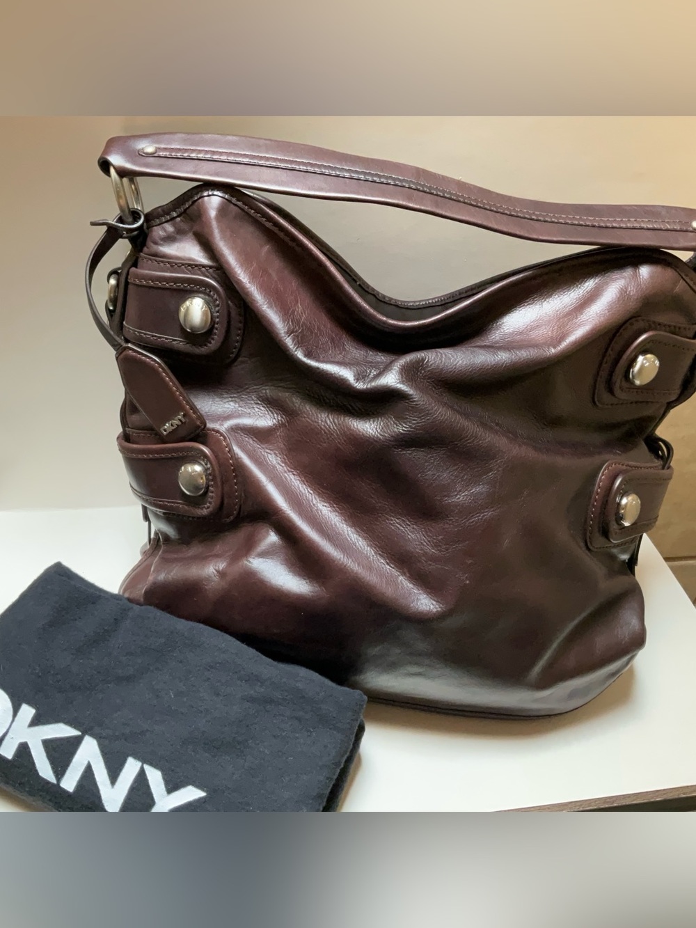 Vintage DKNY Brown Leather Tote style Handbag Dark Brown Boho shoulder Bag Studs